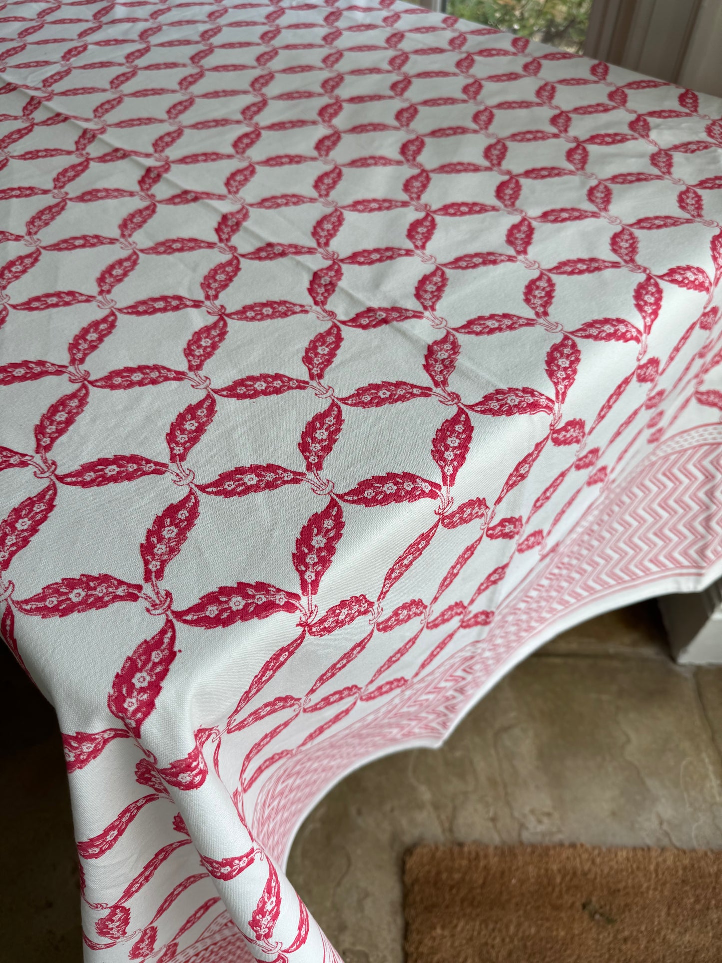 Pink Connecting Leaves Hand Block Printed Tablecloth