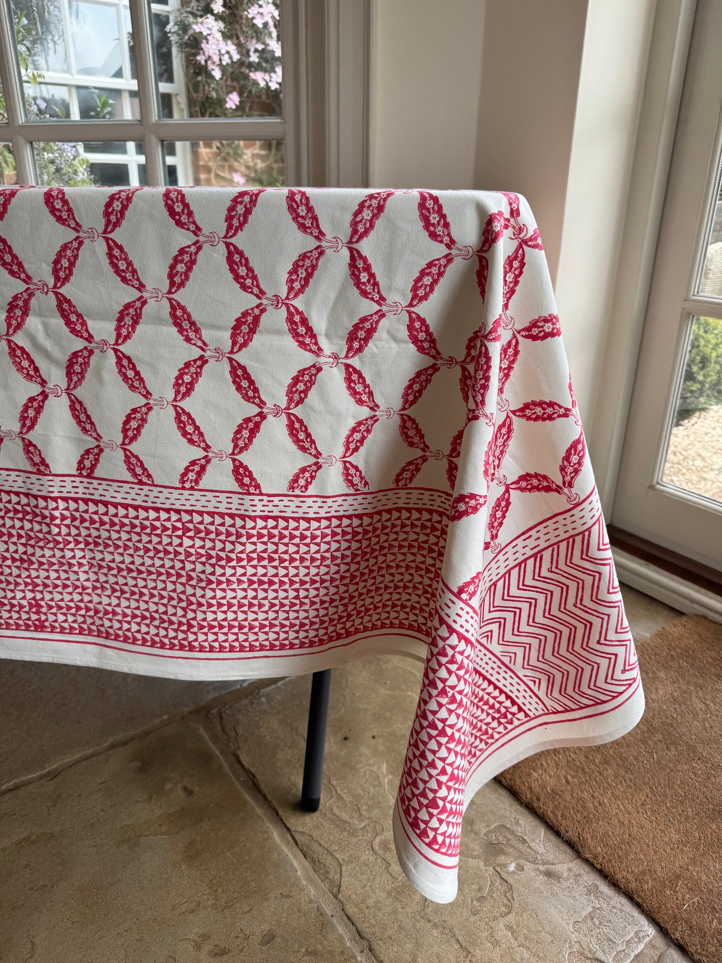 Pink Connecting Leaves Hand Block Printed Tablecloth