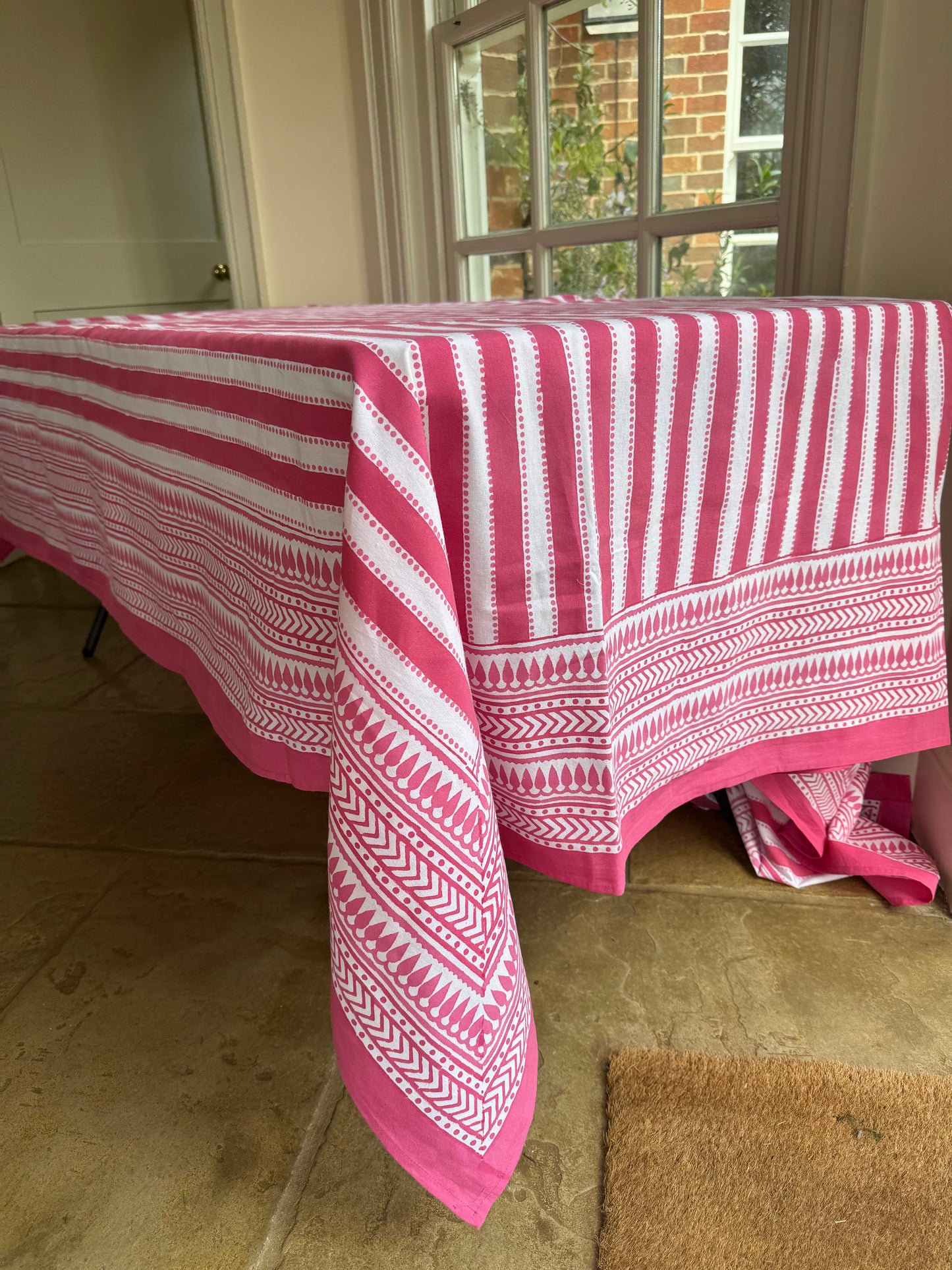 Pink Dot & Stripe Hand Block Printed Tablecloth