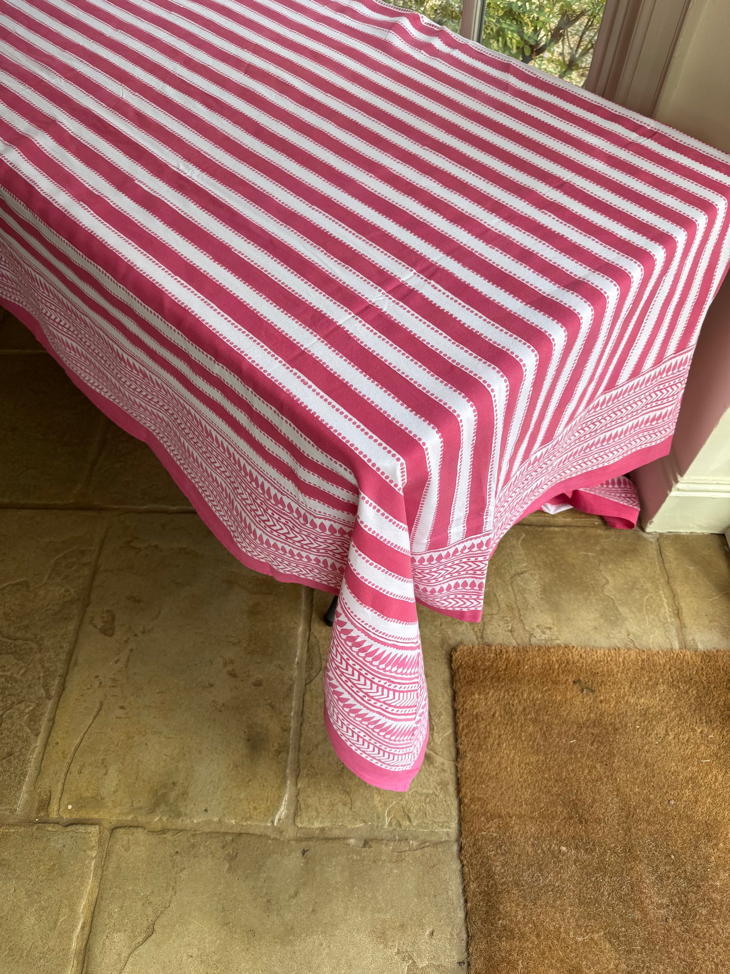 Pink Dot & Stripe Hand Block Printed Tablecloth