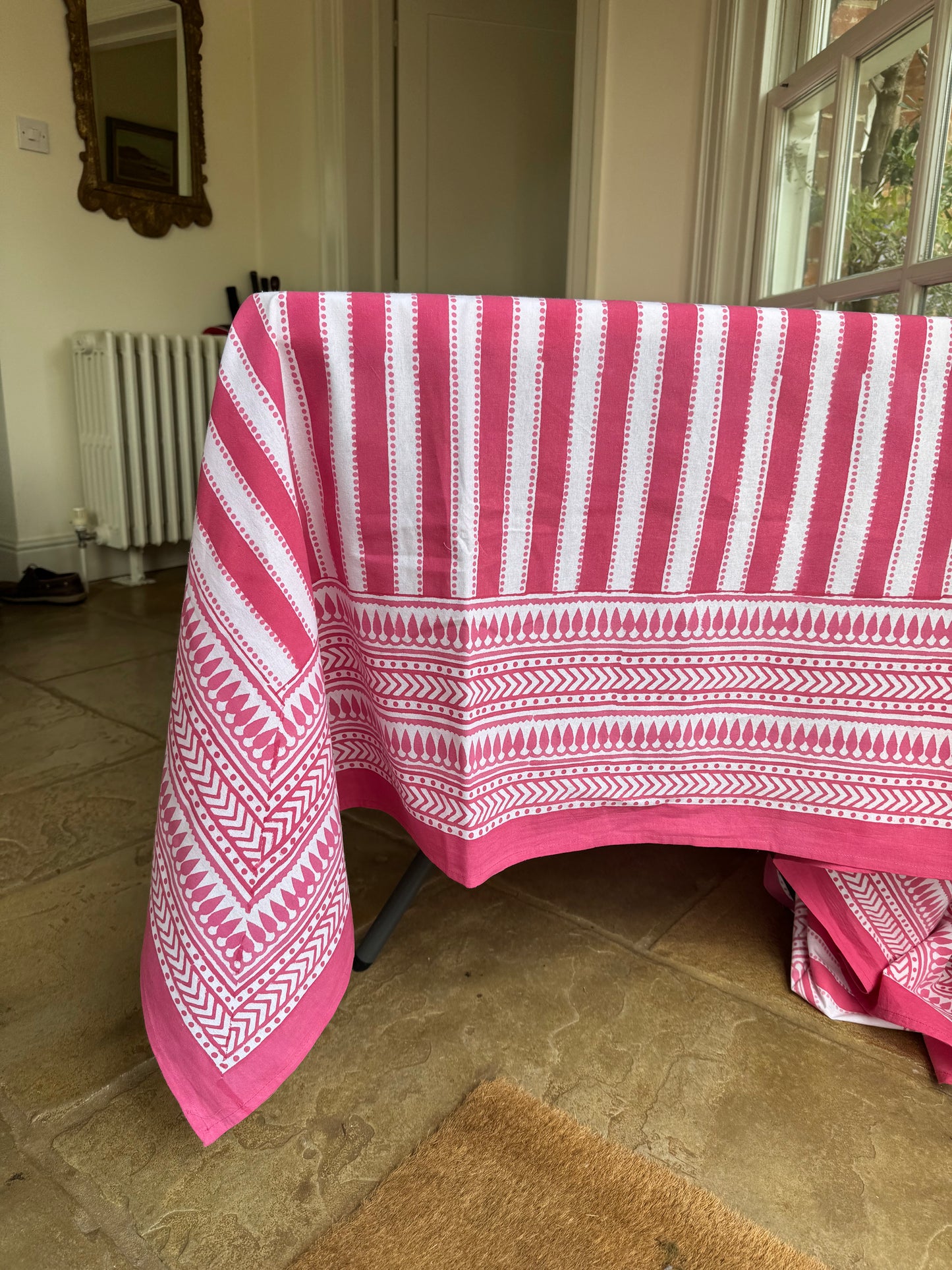 Pink Dot & Stripe Hand Block Printed Tablecloth