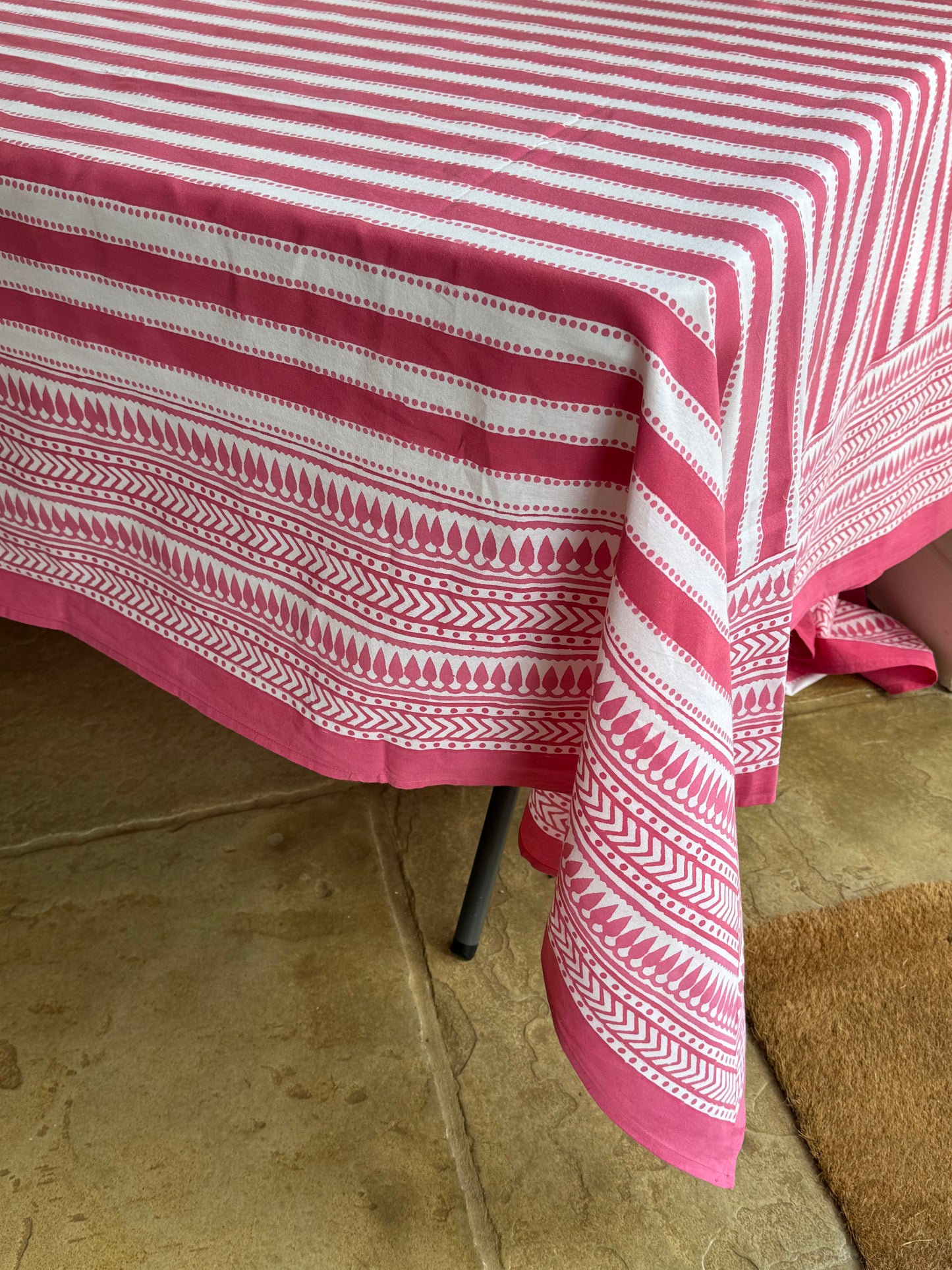 Pink Dot & Stripe Hand Block Printed Tablecloth