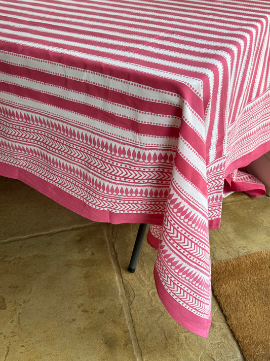Pink Dot & Stripe Hand Block Printed Tablecloth