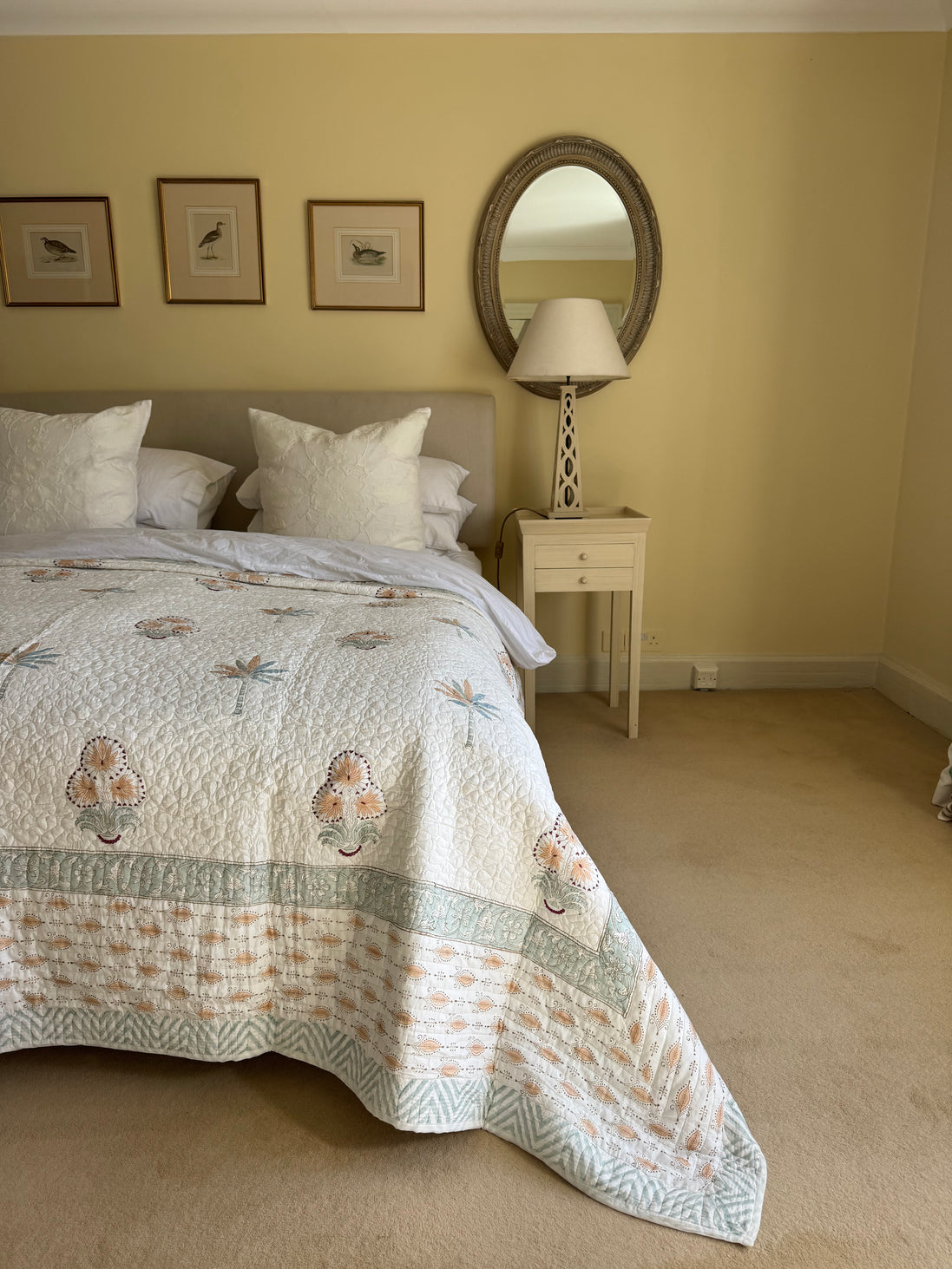 Blue & Ochre Palmtree Bedspread/Quilt