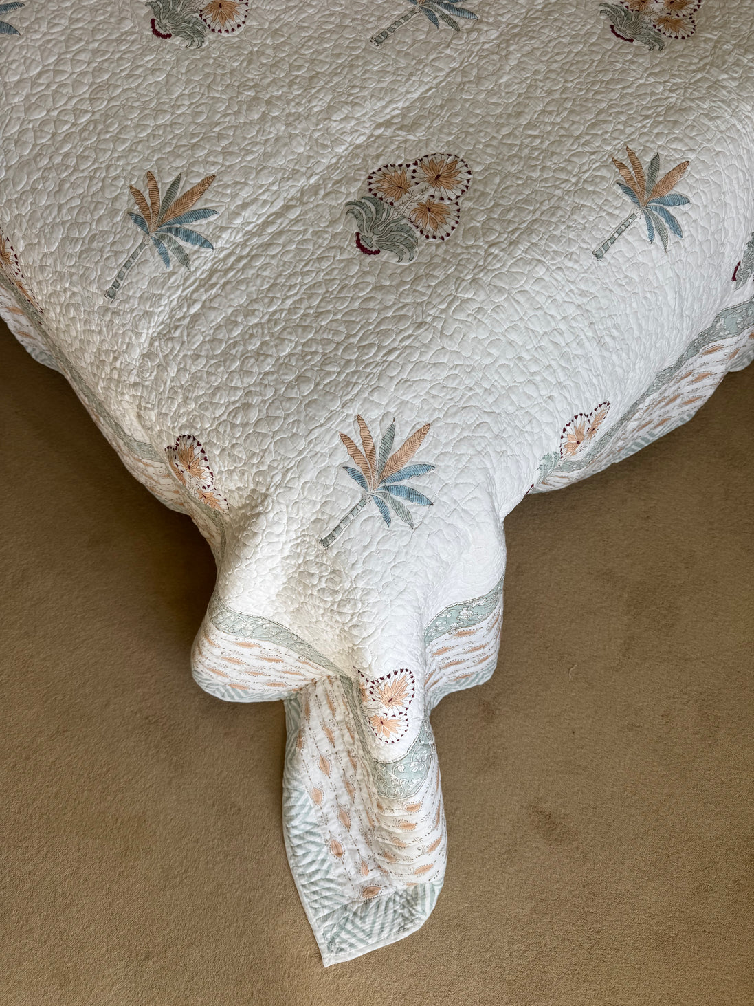Blue & Ochre Palmtree Bedspread/Quilt