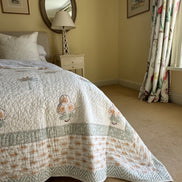 Blue & Ochre Palmtree Bedspread/Quilt
