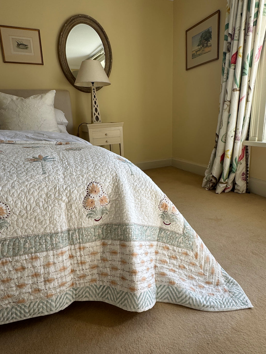 Blue & Ochre Palmtree Bedspread/Quilt