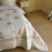 Blue & Ochre Palmtree Bedspread/Quilt