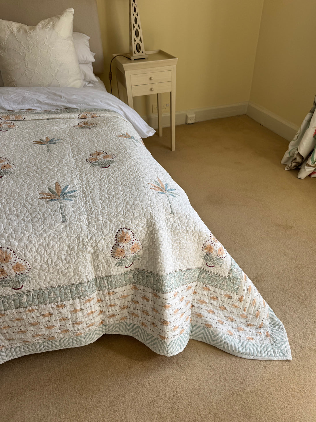 Blue & Ochre Palmtree Bedspread/Quilt