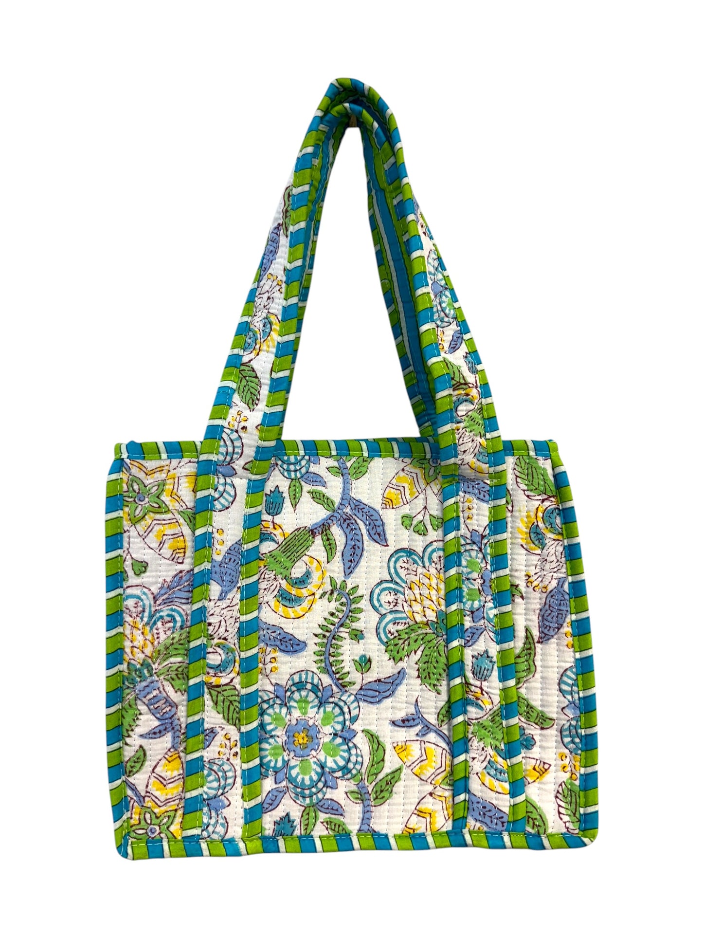 Mini 'Green & Blue Trellis' Block Print Tote Bag