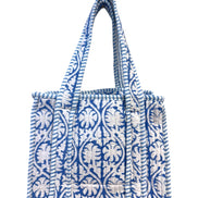 Mini Zipped 'Blue Flower Shadow' Block Print Tote Bag