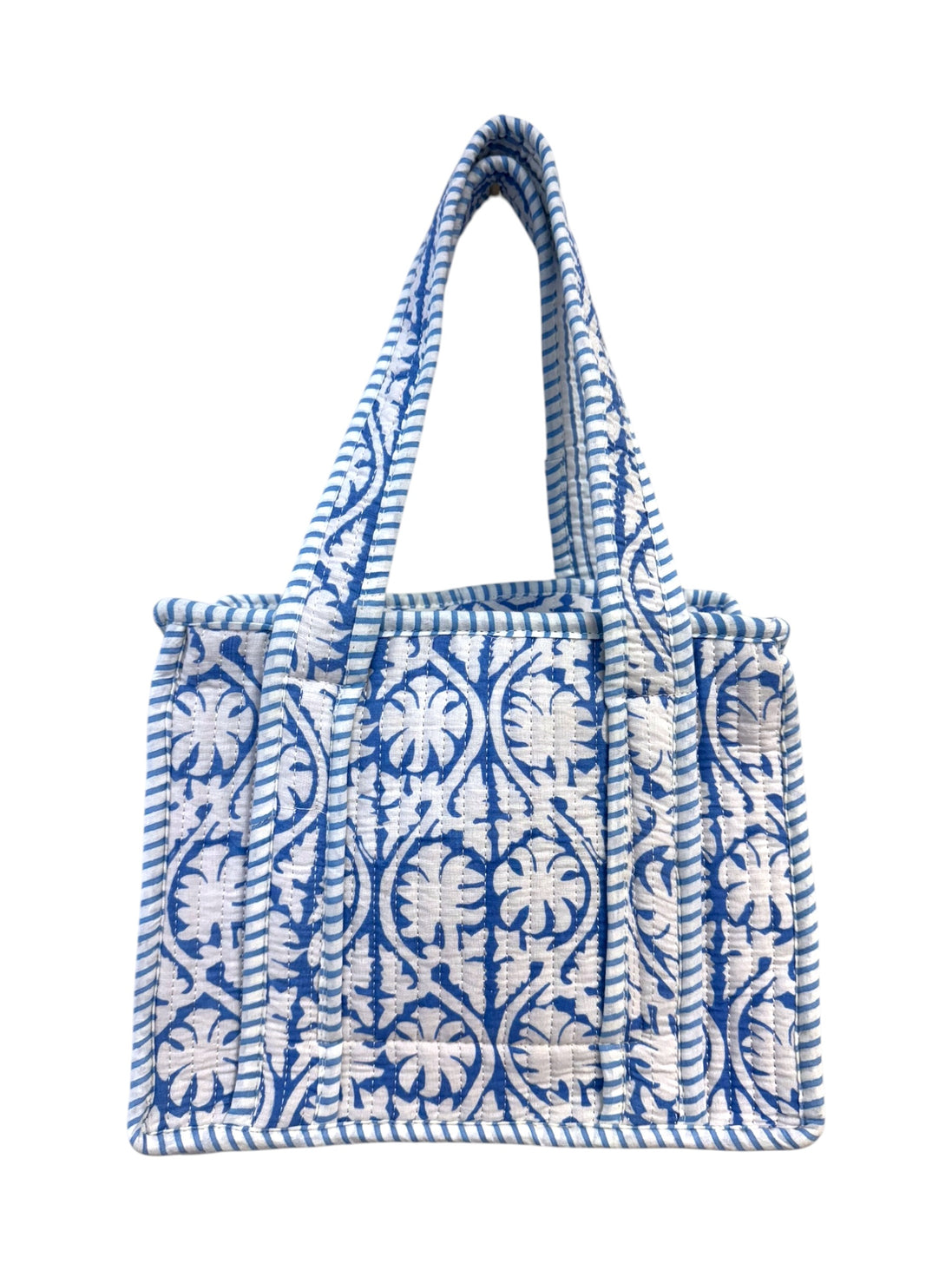 Mini Zipped 'Blue Flower Shadow' Block Print Tote Bag