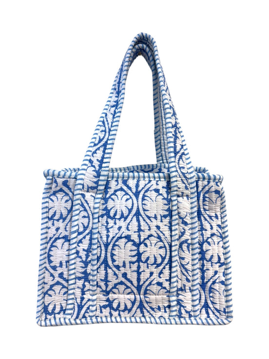 Mini Zipped 'Blue Flower Shadow' Block Print Tote Bag