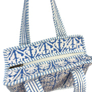 Mini Zipped 'Blue Flower Shadow' Block Print Tote Bag