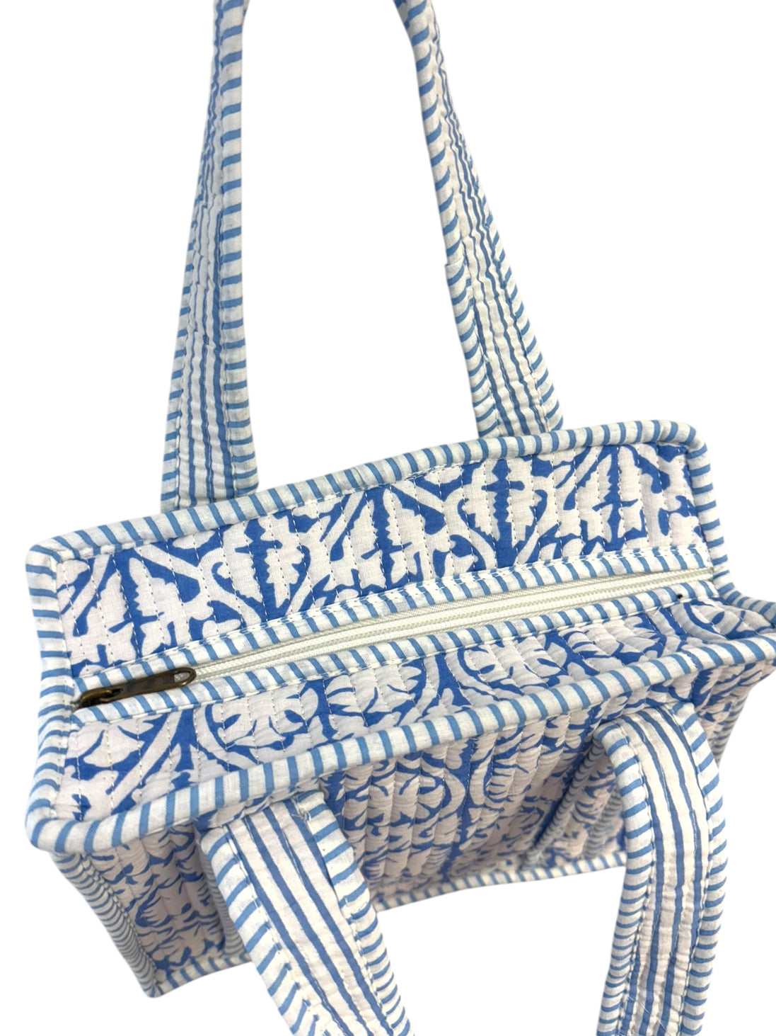 Mini Zipped 'Blue Flower Shadow' Block Print Tote Bag