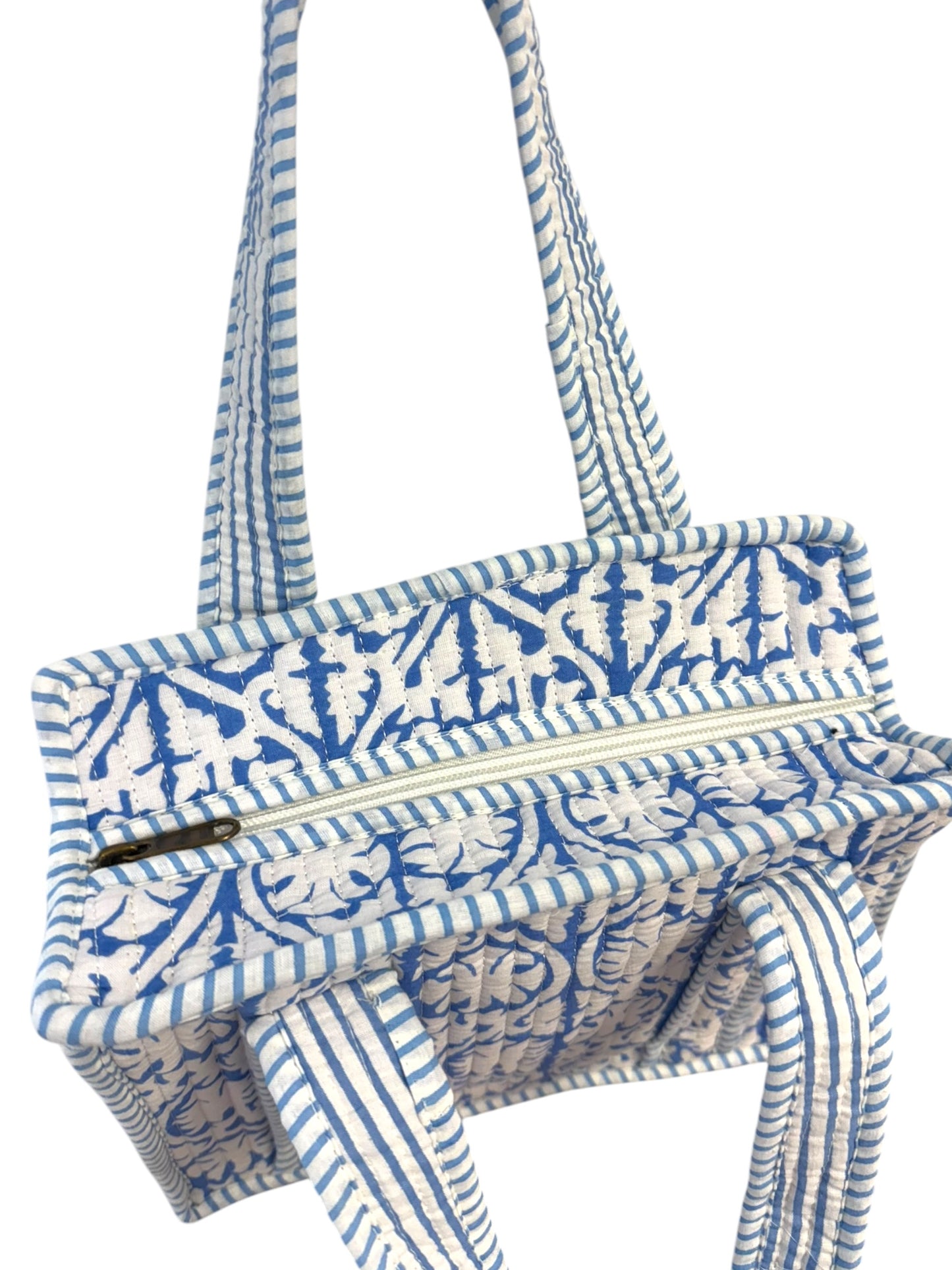 Mini Zipped 'Blue Flower Shadow' Block Print Tote Bag