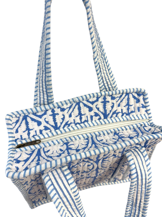 Mini Zipped 'Blue Flower Shadow' Block Print Tote Bag