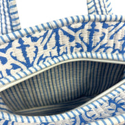 Mini Zipped 'Blue Flower Shadow' Block Print Tote Bag
