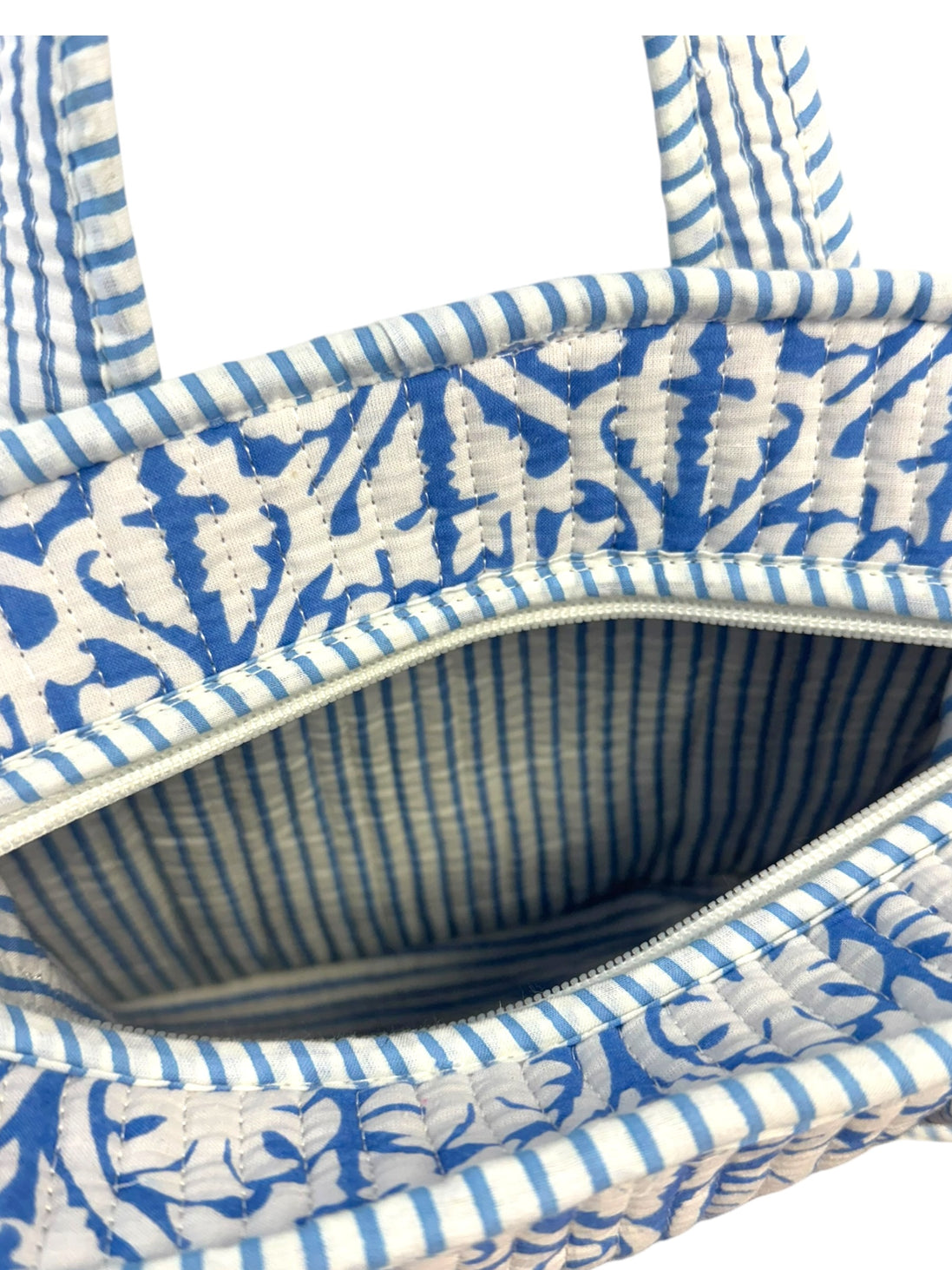 Mini Zipped 'Blue Flower Shadow' Block Print Tote Bag