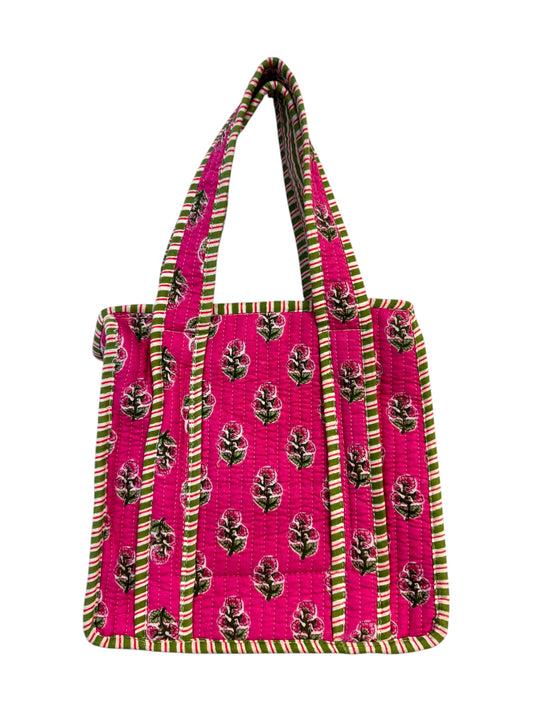 Mini Zipped 'Pink Flower' Block Print Tote Bag
