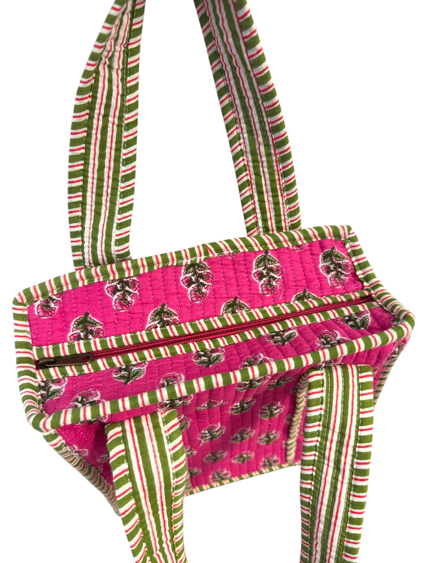 Mini Zipped 'Pink Flower' Block Print Tote Bag