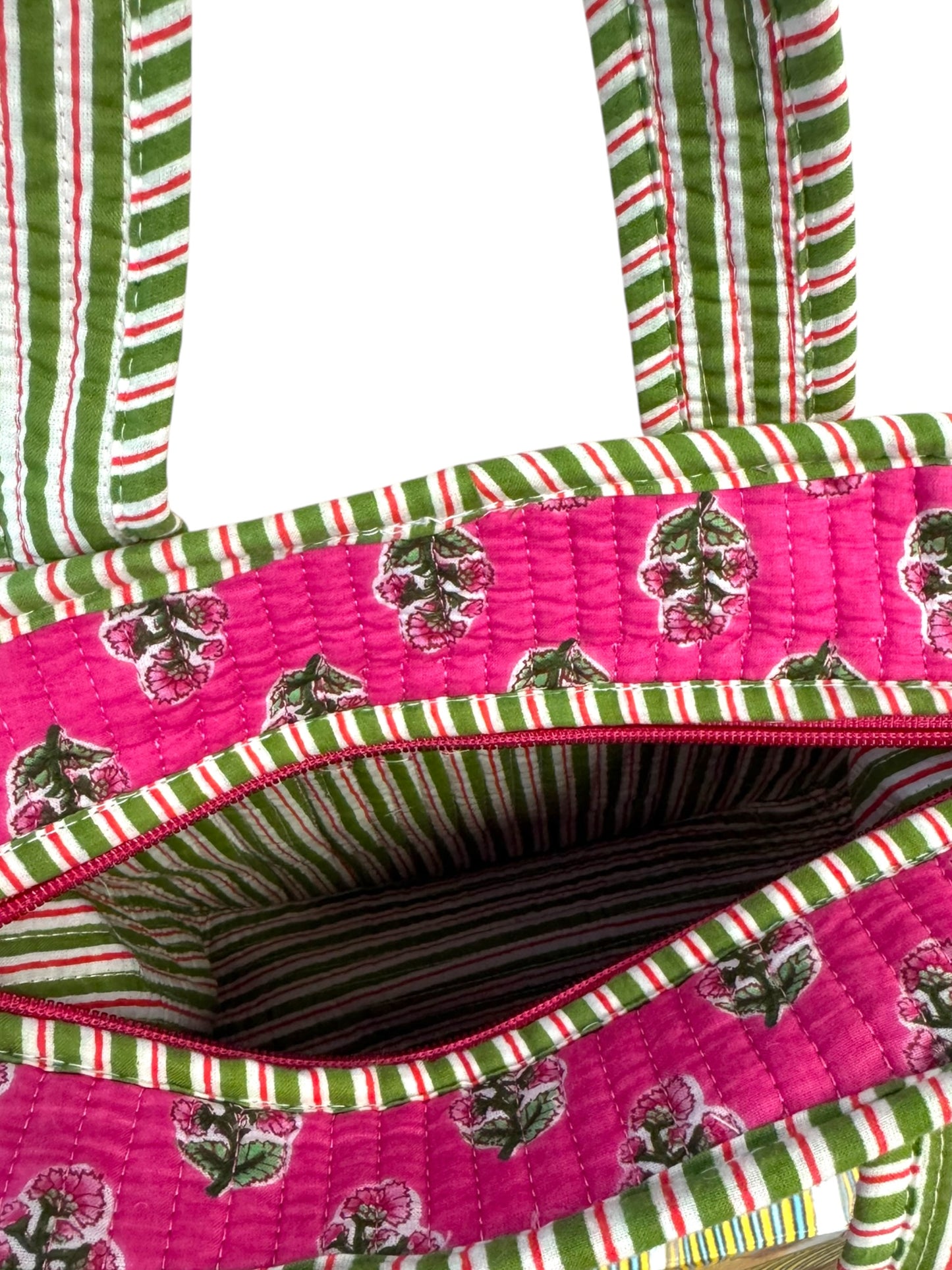 Mini Zipped 'Pink Flower' Block Print Tote Bag