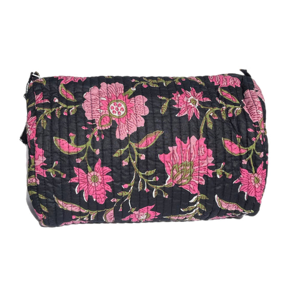 'Black and Pink Floral' Block Printed Sponge Bag/Washbag