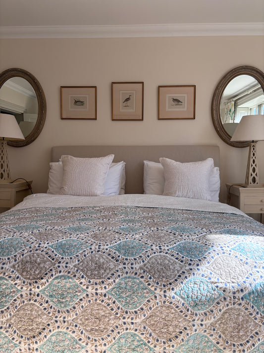 Turquoise and Taupe Teardrop Bedspread