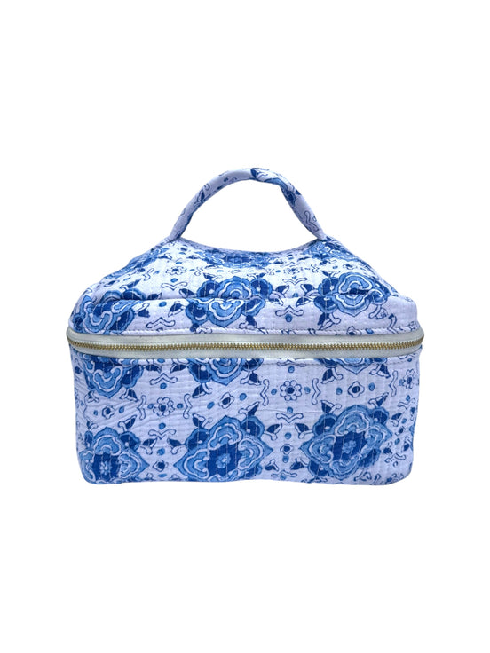 Moroccan Blue Block Printed Vanity Case / Cosmetic Case