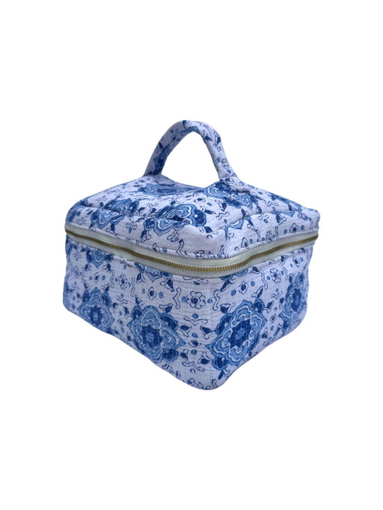 Moroccan Blue Block Printed Vanity Case / Cosmetic Case