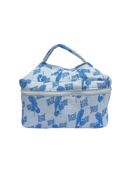 Blue Parrot Block Printed Vanity Case / Cosmetic Case