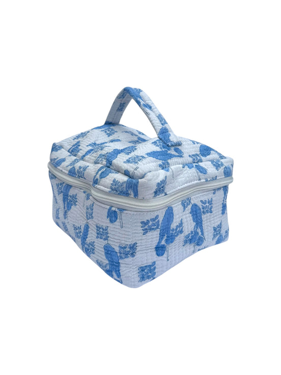 Blue Parrot Block Printed Vanity Case / Cosmetic Case