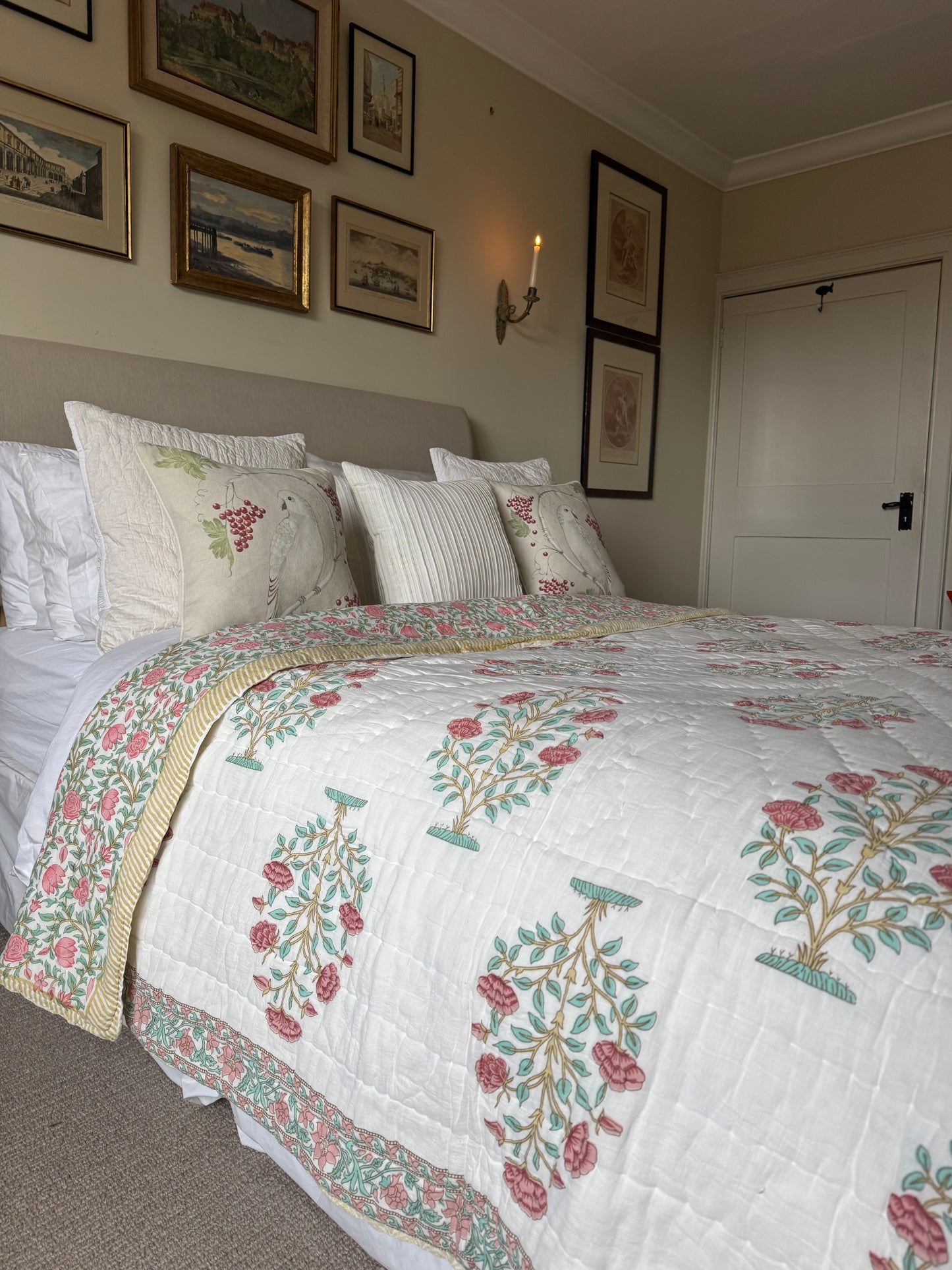 SAMPLE: Pale Turquoise & Red Shrub King Bedspread