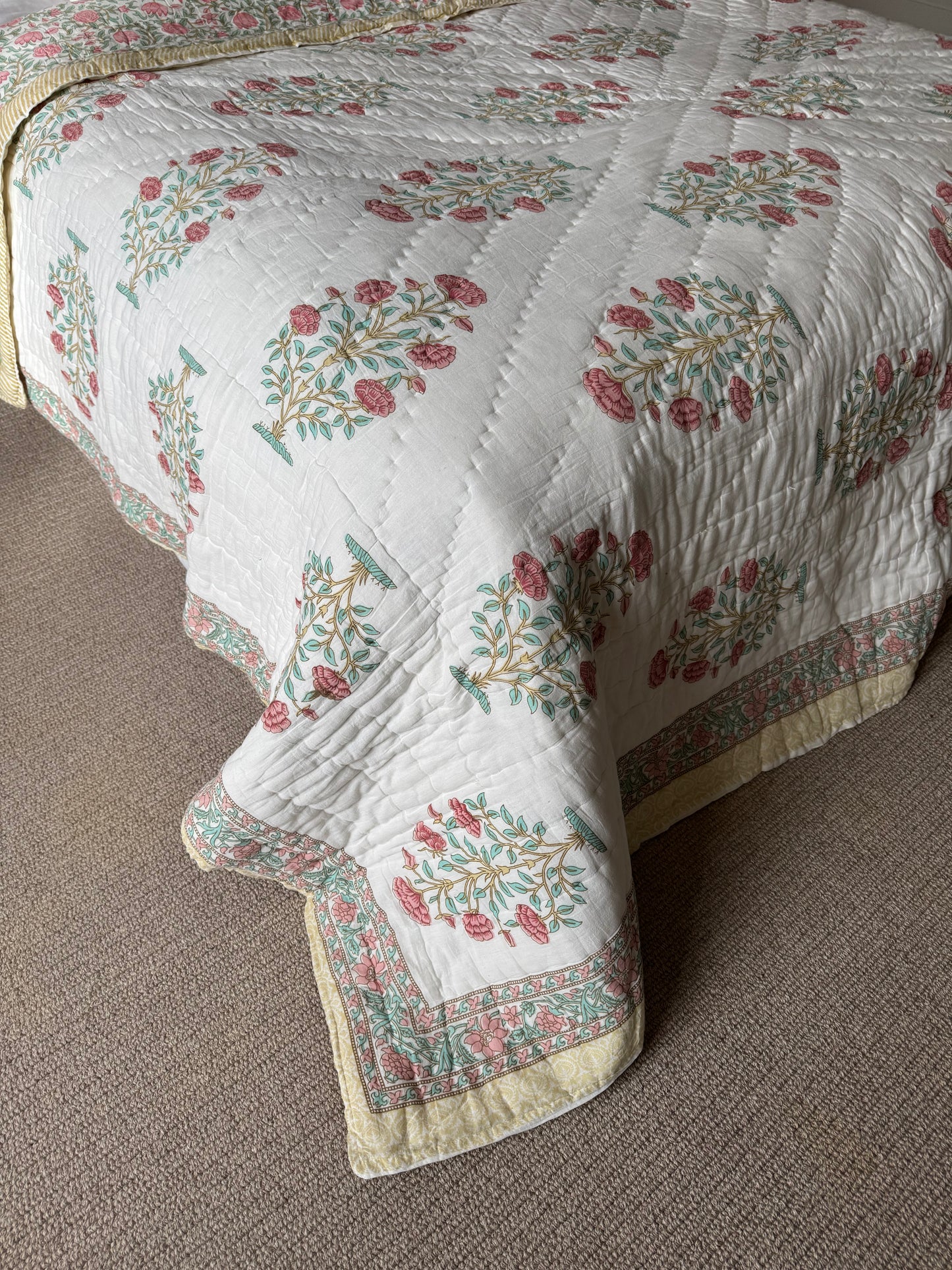 SAMPLE: Pale Turquoise & Red Shrub King Bedspread