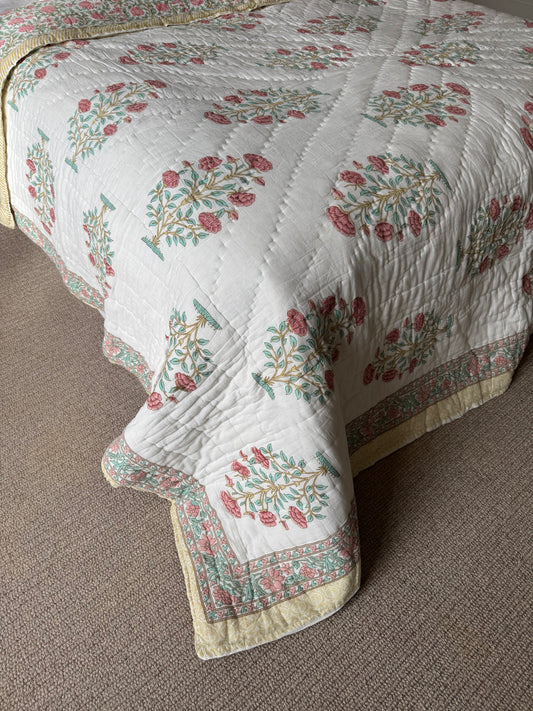 SAMPLE: Pale Turquoise & Red Shrub King Bedspread