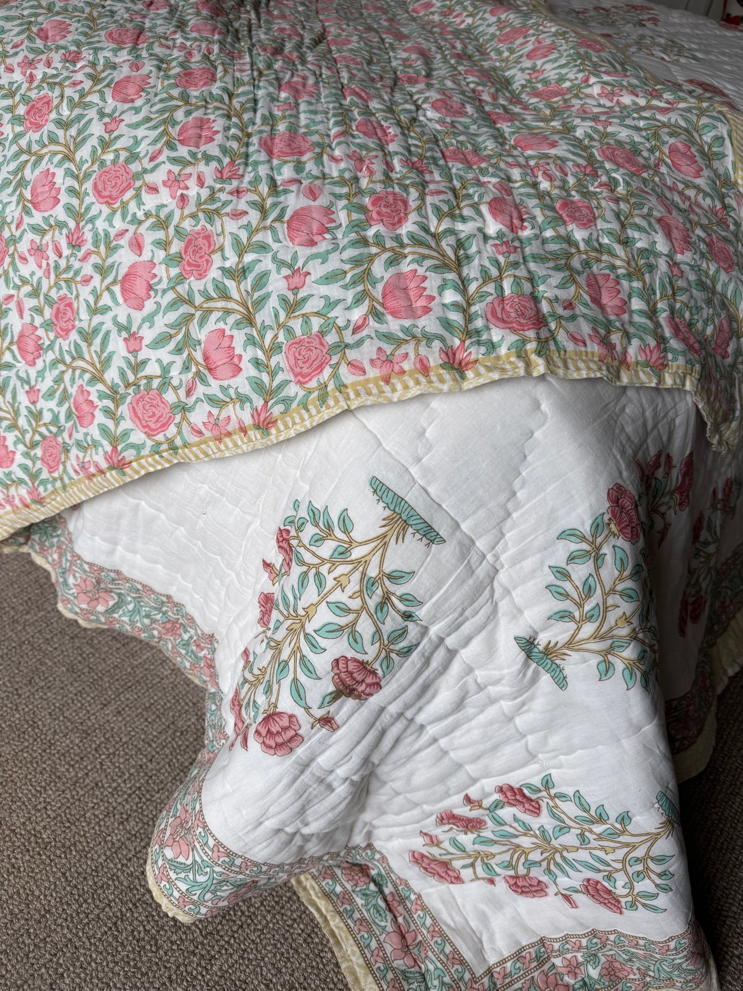 SAMPLE: Pale Turquoise & Red Shrub King Bedspread