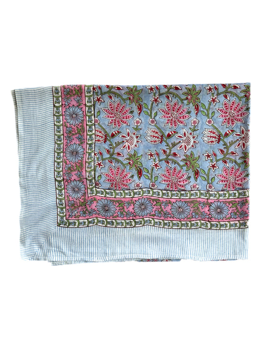 Pale Blue & Green Foliage Hand Block Printed Sarong