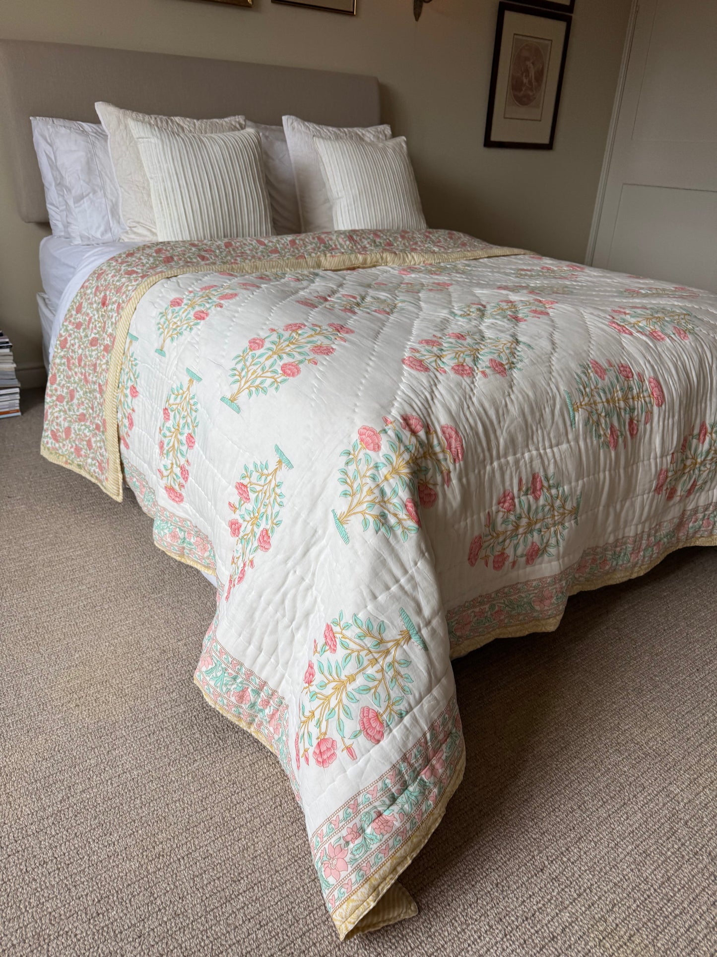 SAMPLE: Pale ochre & Red Shrub King Bedspread