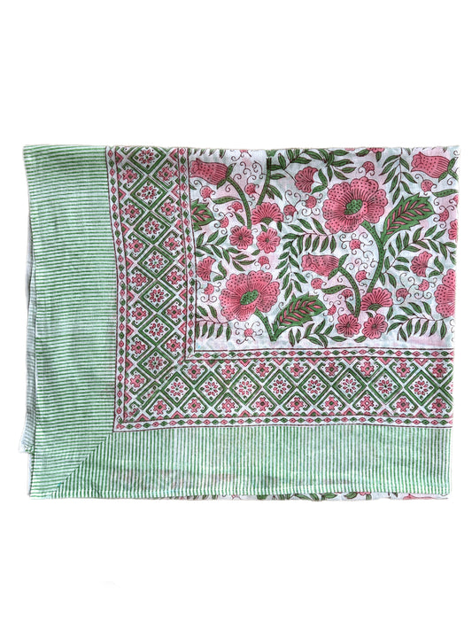 Green & Pink Flowers Hand Block Printed Sarong