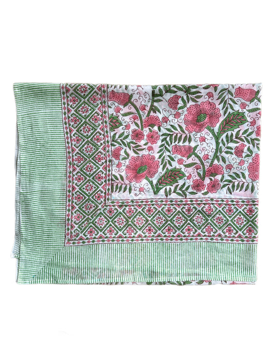 Green & Pink Flowers Hand Block Printed Sarong