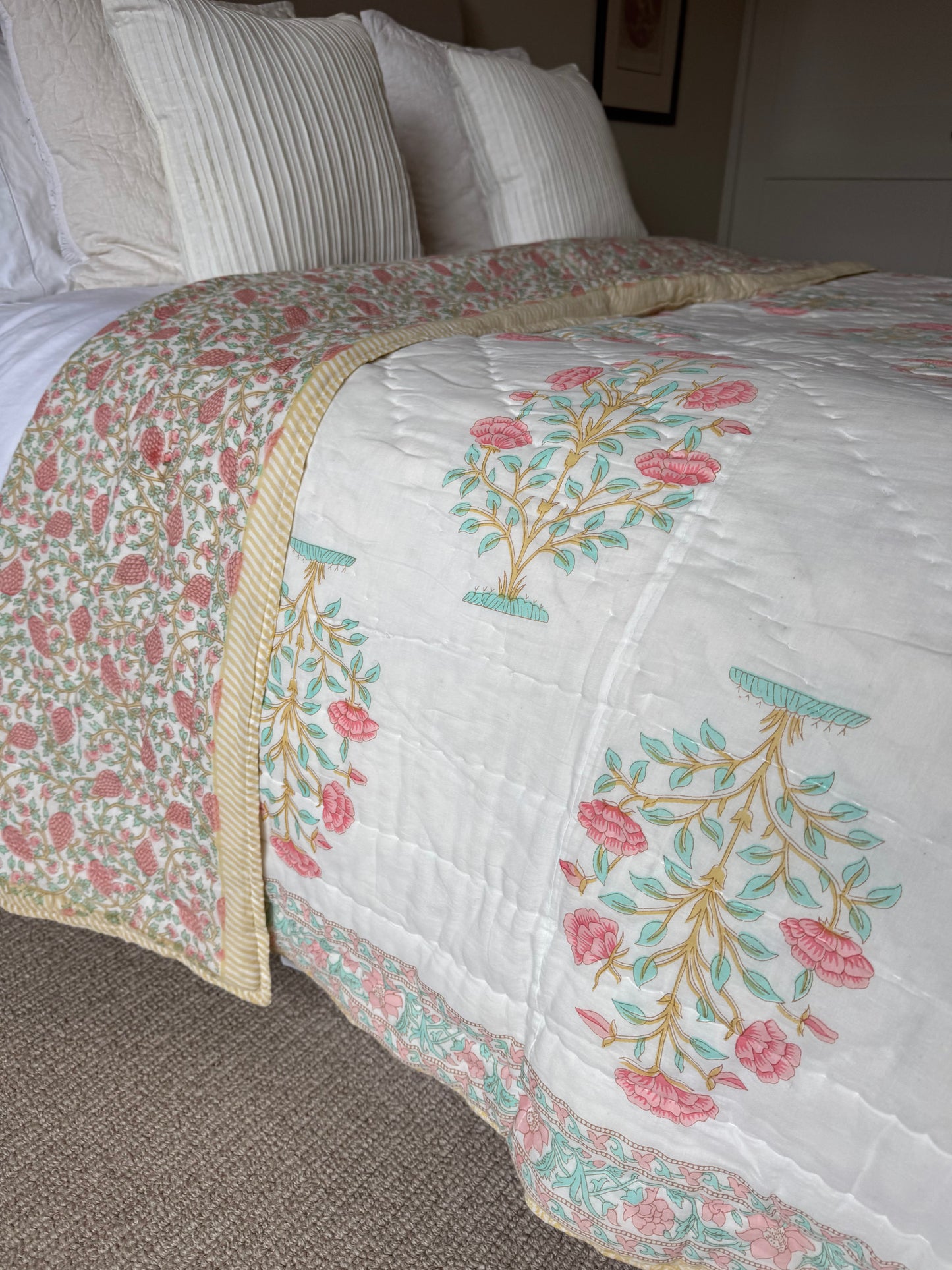 SAMPLE: Pale ochre & Red Shrub King Bedspread