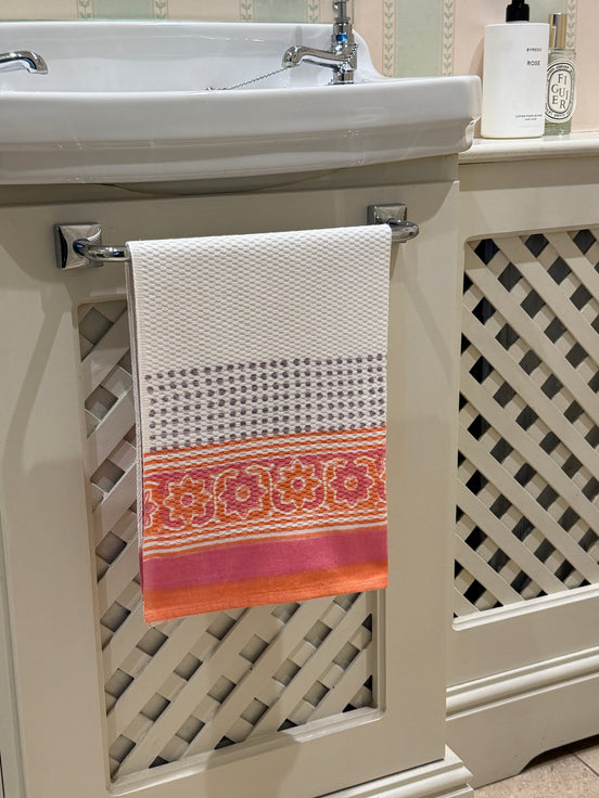 Pink & Orange Flower Hand Block Printed Hand Towel