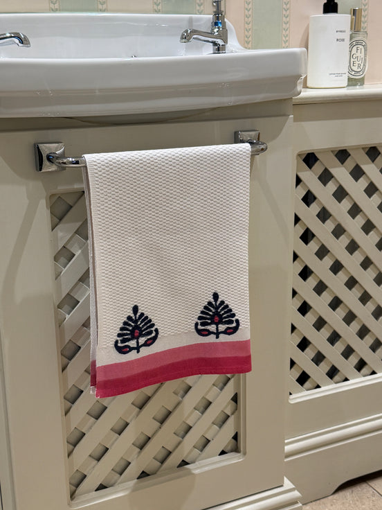 Pink & Navy Shrub Hand Block Printed Hand Towel