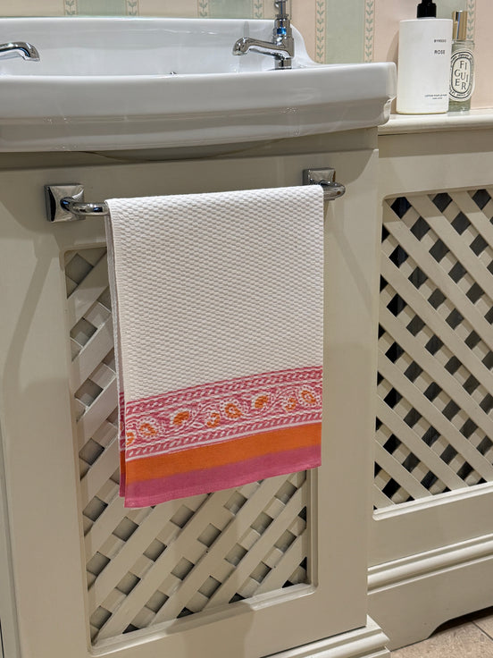 Pink & Orange Fauna Hand Block Printed Hand Towel