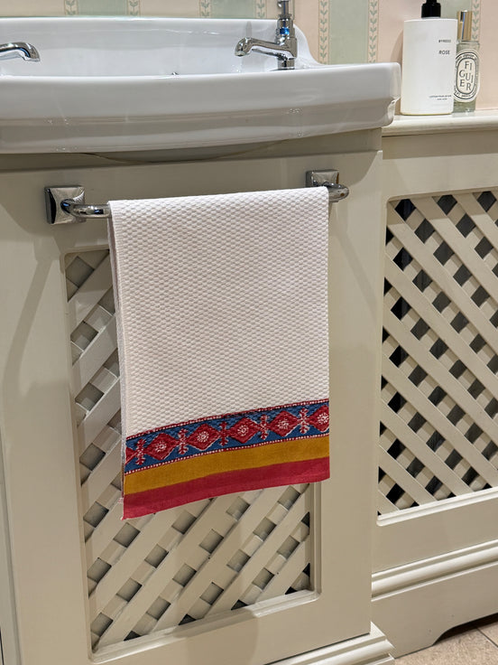 Red, Blue & Mustard Diamond Hand Block Printed Hand Towel
