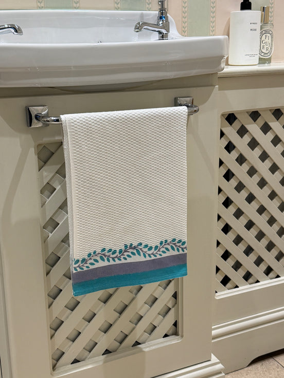 Teal Trellis Hand Block Printed Hand Towel