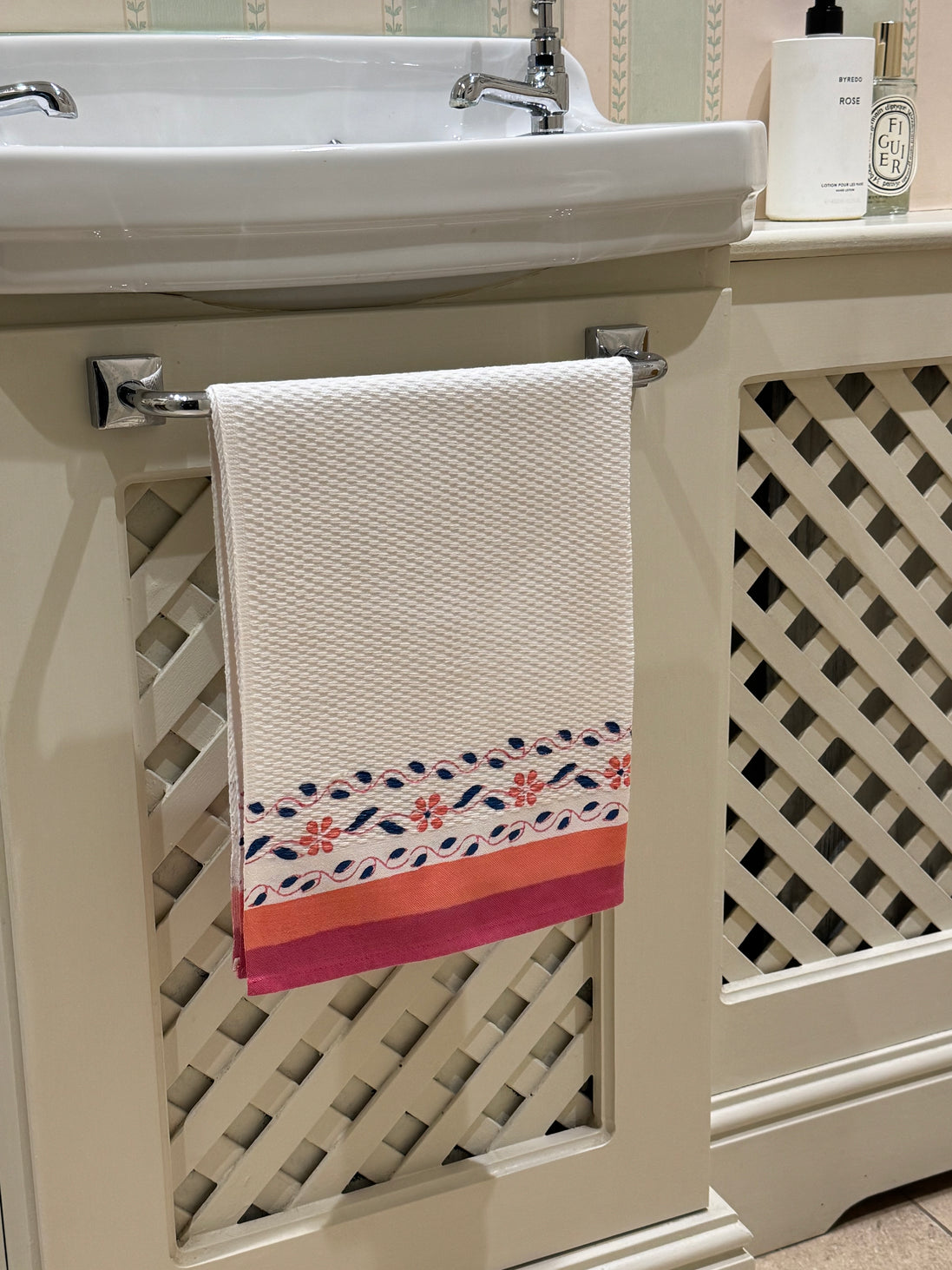 Orange & Pink Flower Hand Block Printed Hand Towel