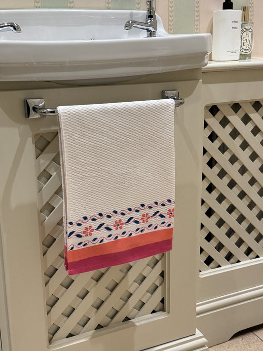 Orange & Pink Flower Hand Block Printed Hand Towel