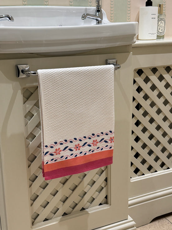 Orange & Pink Flower Hand Block Printed Hand Towel