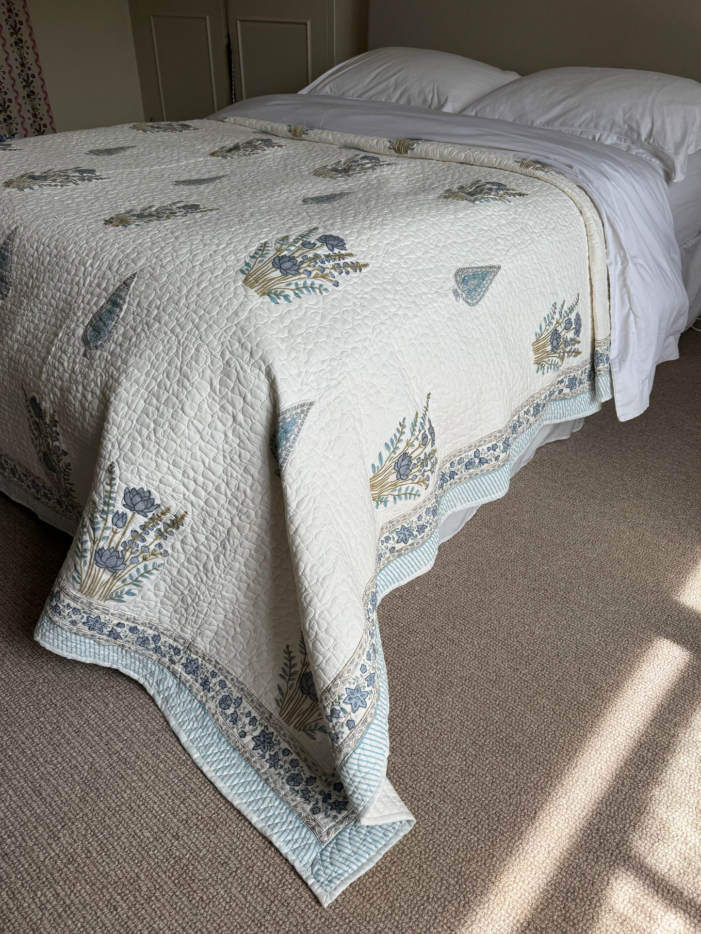 Blue Cypress and Foliage Hand Block-Printed Bedspread